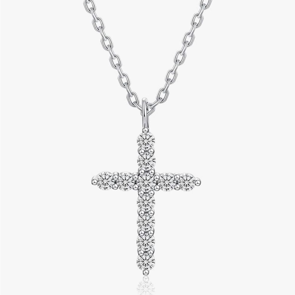 Moissanite Cross Pendant Necklace 18K White Gold Over 925 Sterling Silver Dainty